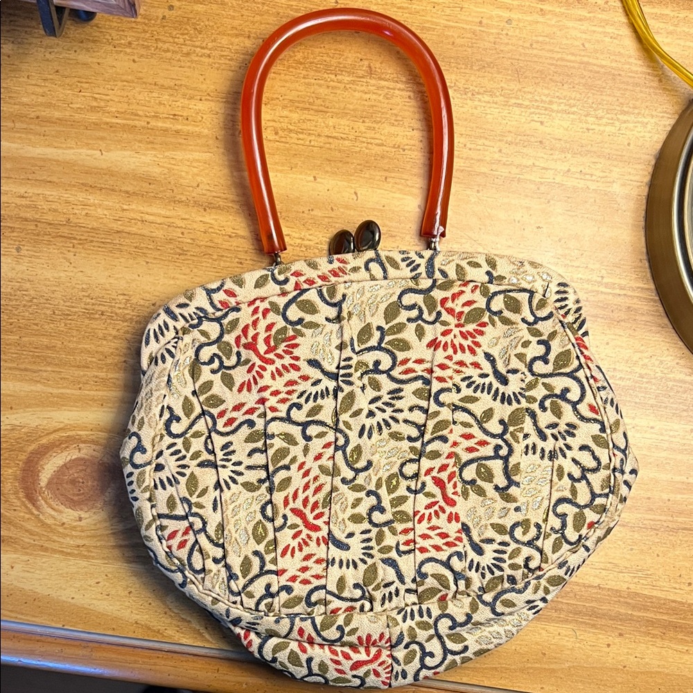 Vintage Floral Patterned Handbag with Red Handles